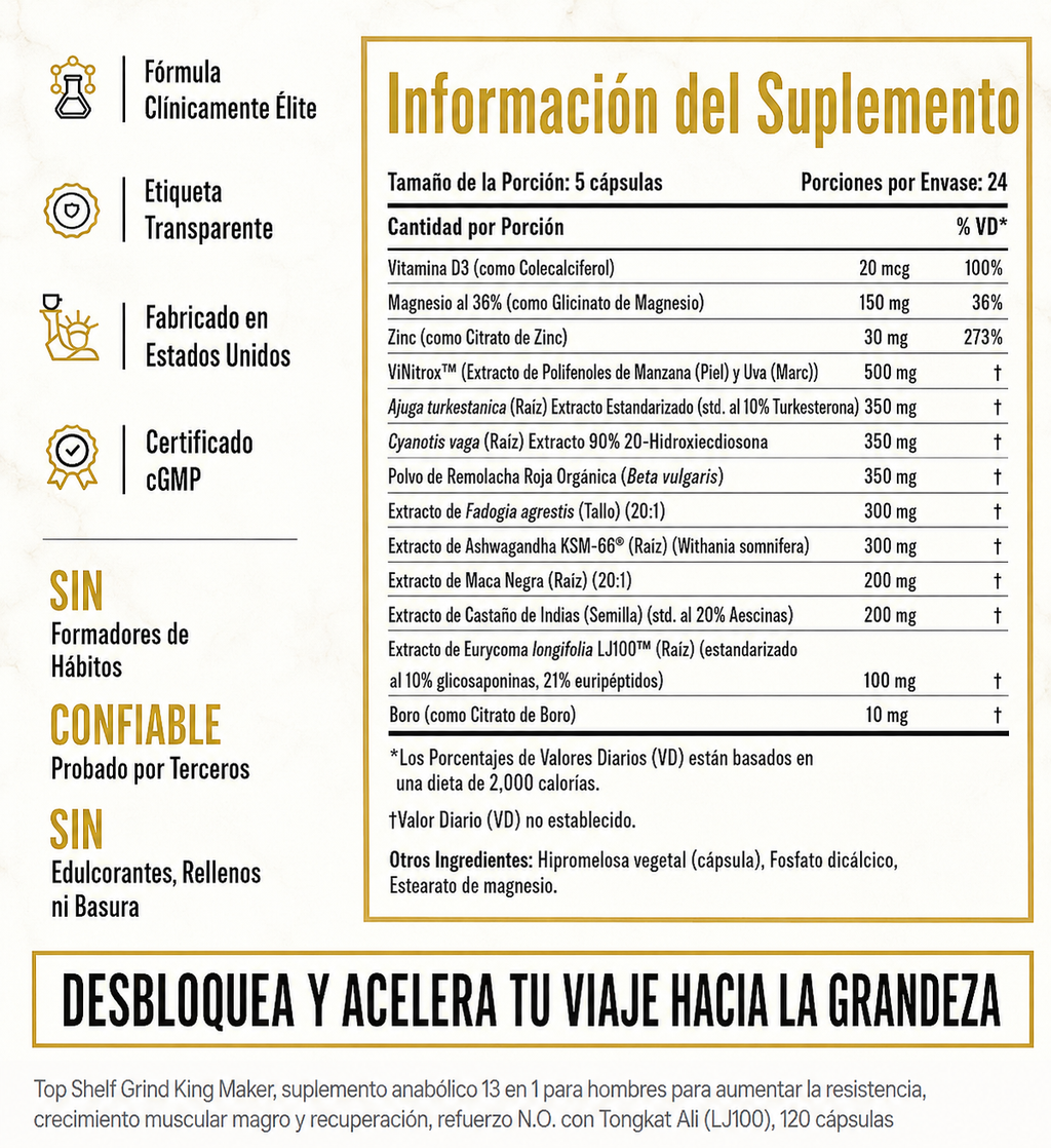 KING MAKER® — SUPLEMENTO ANABÓLICO 13 EN 1 PARA HOMBRES CON TONGKAT ALI Y TURKESTERONA